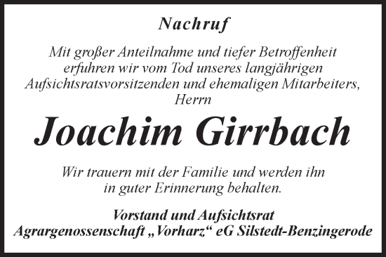 Traueranzeige von Joachim Girrbach von Volksstimme Wernigerode