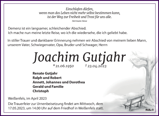 Traueranzeige von Joachim Gutjahr von Trauerkombi Weißenfels