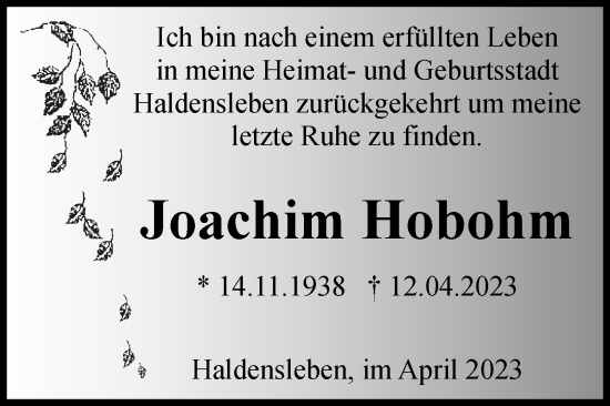 Traueranzeige von Joachim Hobohm von Volksstimme Haldensleben/Wolmirstedt