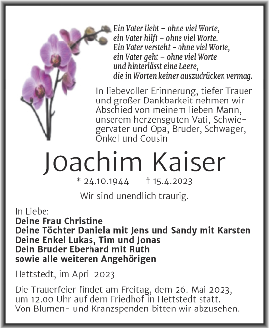 Traueranzeige von Joachim Kaiser von Trauerkombi Mansfelder Land