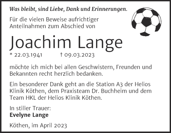 Traueranzeige von Joachim Lange von Trauerkombi Köthen