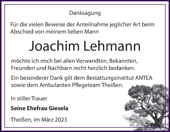 Traueranzeige von Joachim Lehmann von Trauerkombi Zeitz
