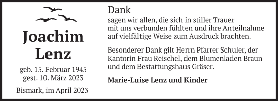 Traueranzeige von Joachim Lenz von Volksstimme Altmark Ost