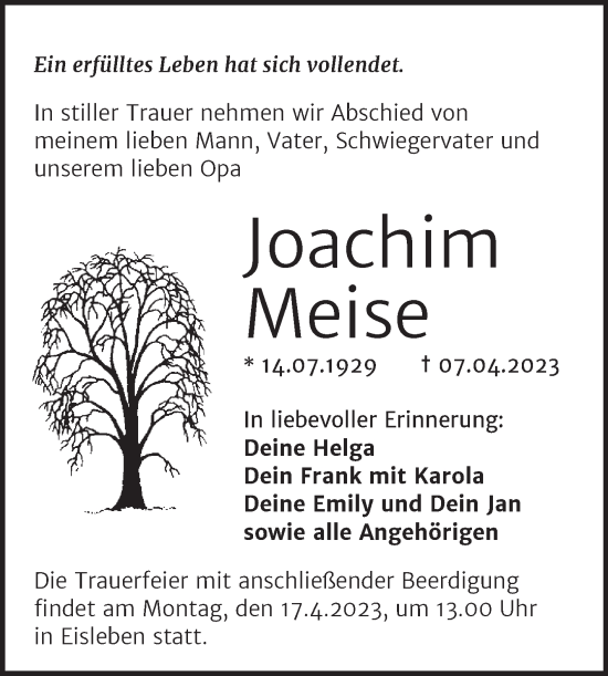 Traueranzeige von Joachim Meise von Mitteldeutsche Zeitung Mansfelder Land
