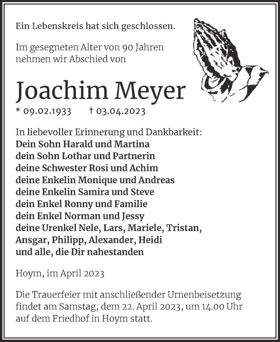 Traueranzeige von Joachim Meyer von Trauerkombi Aschersleben