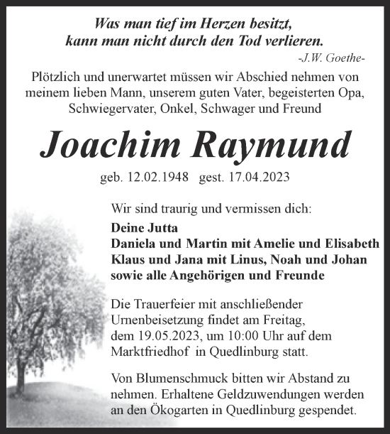 Traueranzeige von Joachim Raymund von Trauerkombi Quedlinburg