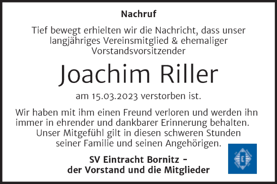 Traueranzeige von Joachim Riller von Trauerkombi Zeitz