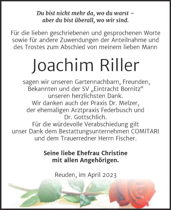 Traueranzeige von Joachim Riller von Trauerkombi Zeitz