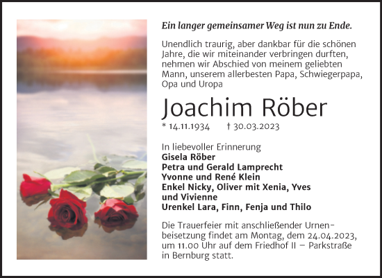 Traueranzeige von Joachim Röber von Trauerkombi Bernburg