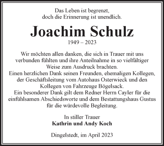 Traueranzeige von Joachim Schulz von Volksstimme Halberstadt