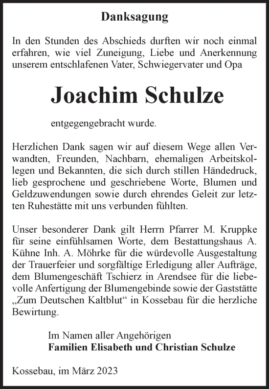 Traueranzeige von Joachim Schulze von Volksstimme Altmark Ost