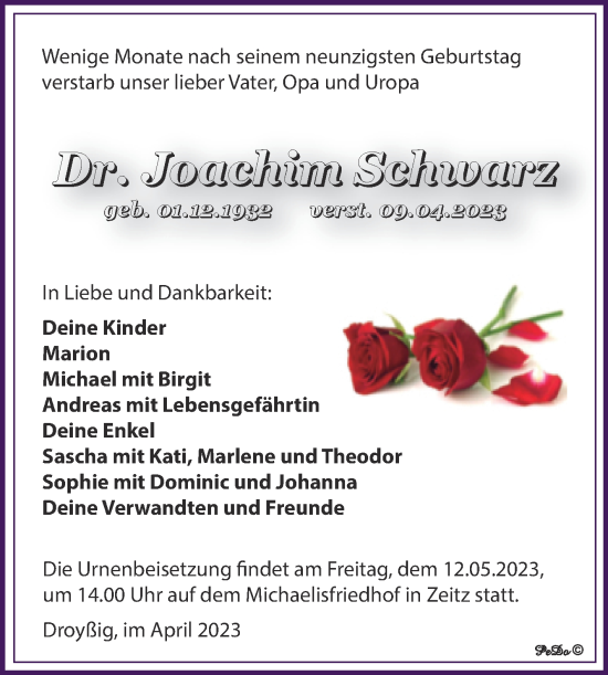 Traueranzeige von Joachim Schwarz von Trauerkombi Zeitz