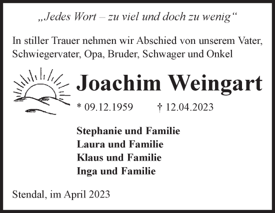 Traueranzeige von Joachim Weingart von Volksstimme Altmark Ost