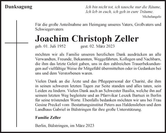 Traueranzeige von Joachim Christoph Zeller von Volksstimme Haldensleben/Wolmirstedt