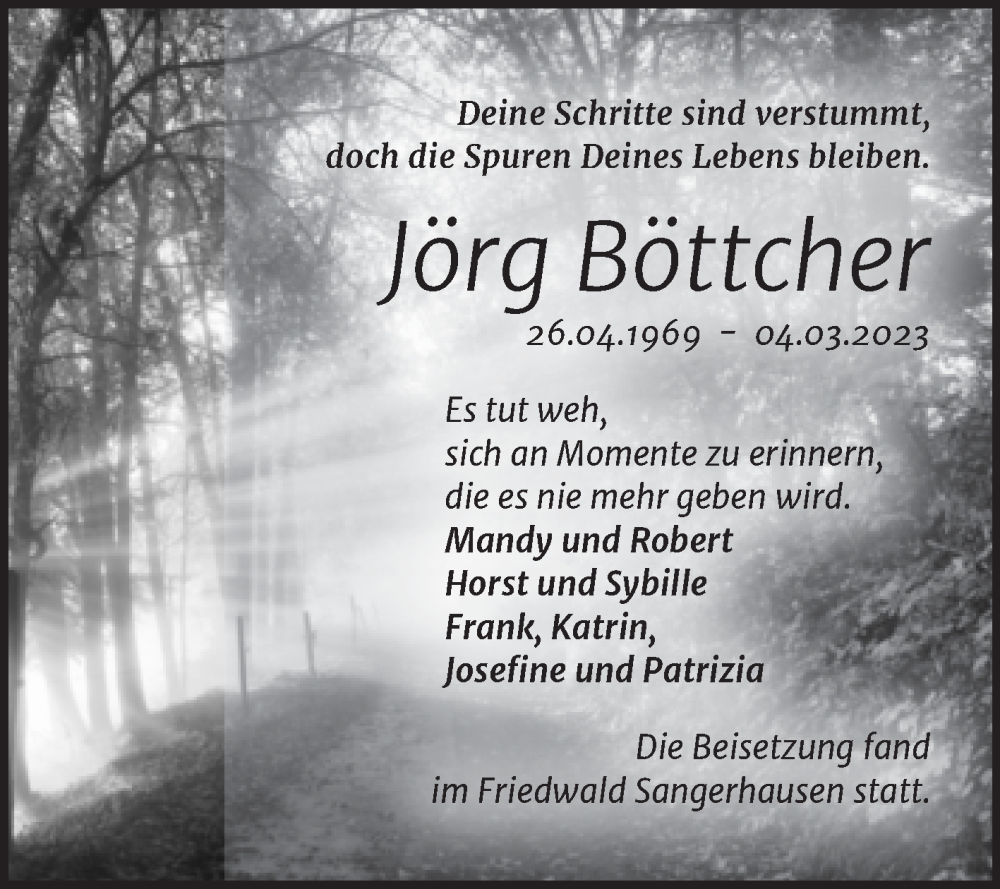  Traueranzeige für Jörg Böttcher vom 15.04.2023 aus Trauerkombi Sangerhausen