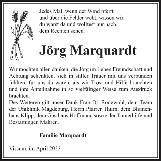 Traueranzeige von Jörg Marquardt von Volksstimme Altmark West