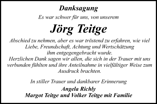 Traueranzeige von Jörg Teitge von Volksstimme Zerbst