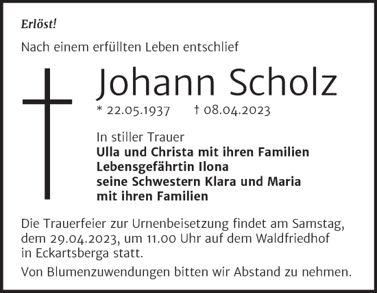 Traueranzeige von Johann Scholz von Wochenspiegel Naumburg/Nebra
