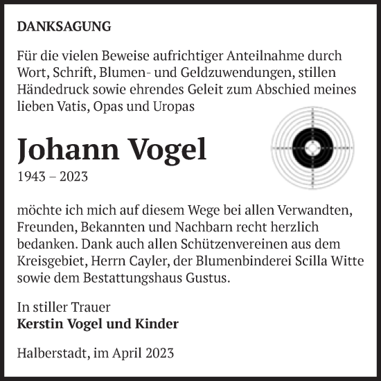 Traueranzeige von Johann Vogel von Volksstimme Halberstadt