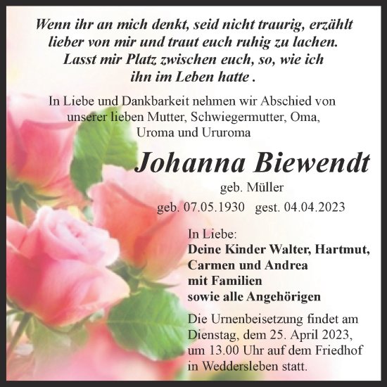 Traueranzeige von Johanna Biewendt von Trauerkombi Quedlinburg