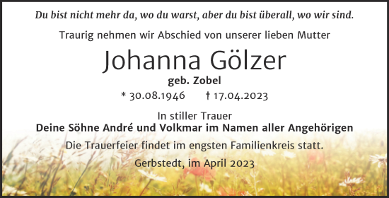 Traueranzeige von Johanna Gölzer von Trauerkombi Mansfelder Land