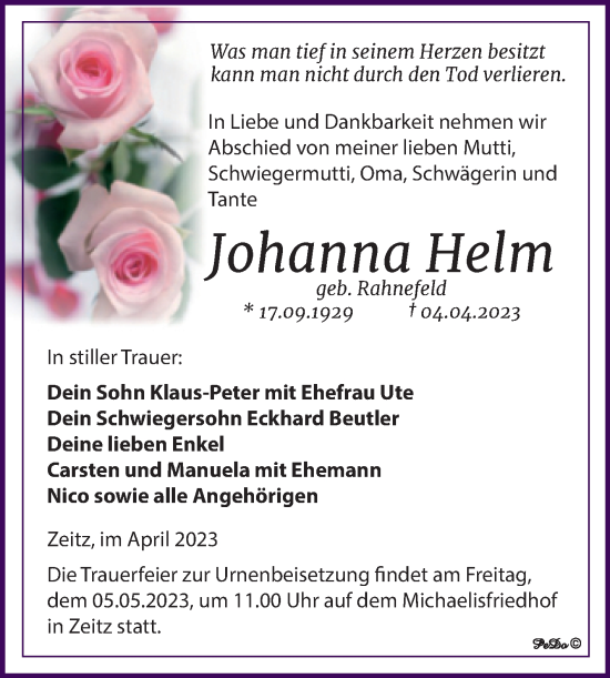 Traueranzeige von Johanna Helm von Trauerkombi Zeitz