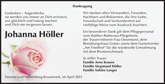 Traueranzeige von Johanna Höller von Volksstimme Altmark Ost