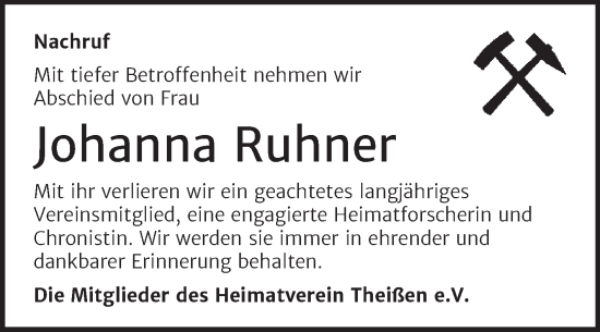 Traueranzeige von Johanna Ruhner von Trauerkombi Zeitz