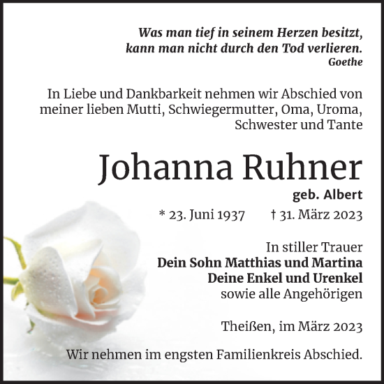 Traueranzeige von Johanna Ruhner von Trauerkombi Zeitz