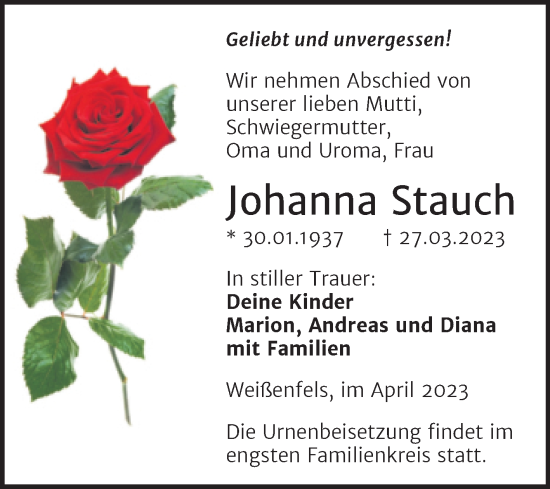 Traueranzeige von Johanna Stauch von Trauerkombi Weißenfels