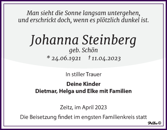 Traueranzeige von Johanna Steinberg von Trauerkombi Zeitz