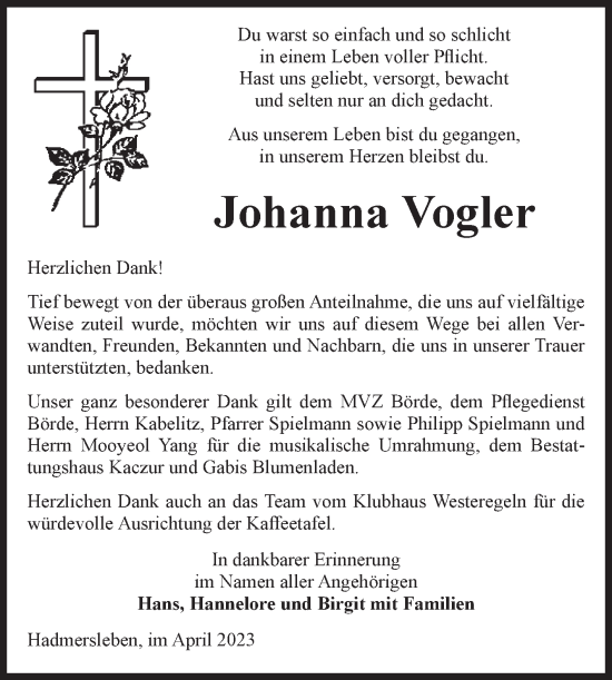 Traueranzeige von Johanna Vogler von Volksstimme Oschersleben/Wanzleben