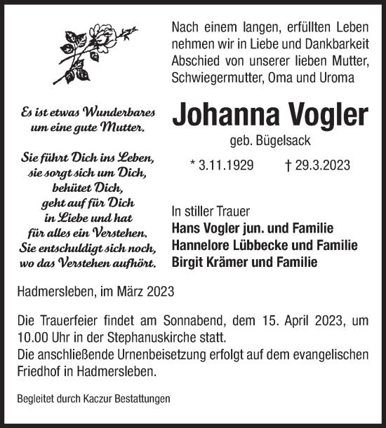 Traueranzeige von Johanna Vogler von Volksstimme Oschersleben/Wanzleben