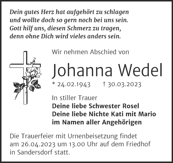 Traueranzeige von Johanna Wedel von Trauerkombi Bitterfeld