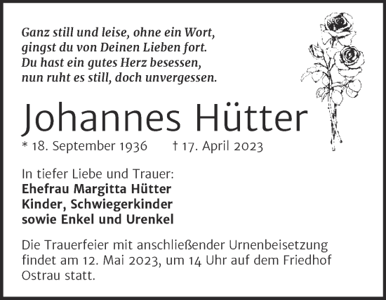 Traueranzeige von Johannes Hütter von Mitteldeutsche Zeitung Halle/Saalkreis