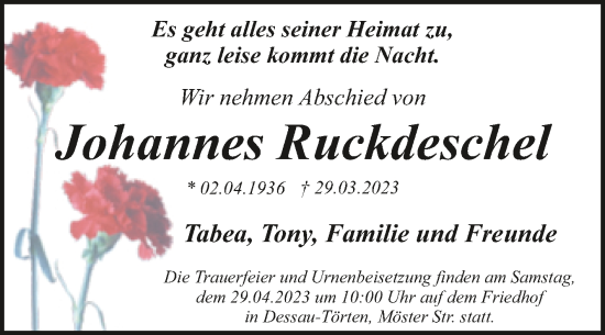 Traueranzeige von Johannes Ruckdeschel von Trauerkombi Dessau