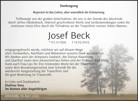 Traueranzeige von Josef Beck von Wochenspiegel Naumburg/Nebra
