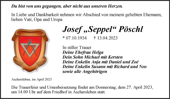 Traueranzeige von Josef Pöschl von Trauerkombi Aschersleben