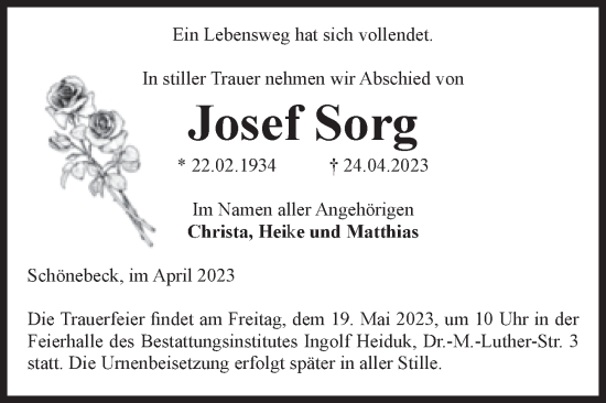Traueranzeige von Josef Sorg von Volksstimme Schönebeck