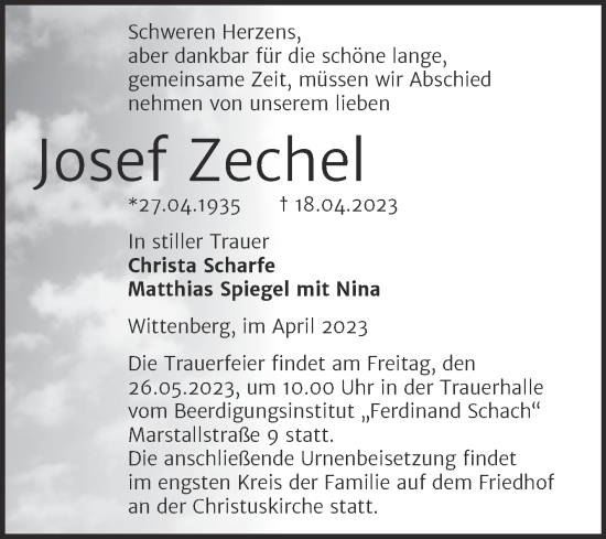 Traueranzeige von Josef Zechel von Trauerkombi Wittenberg