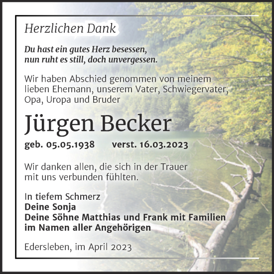Traueranzeige von Jürgen Becker von Trauerkombi Sangerhausen