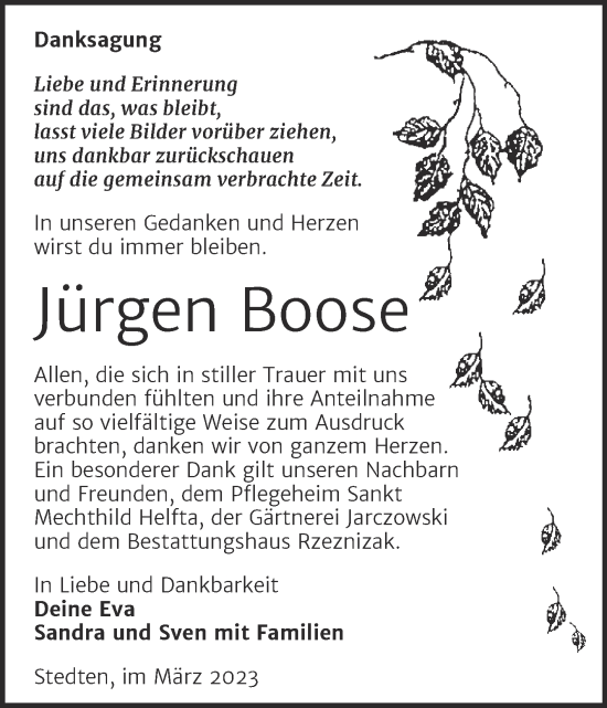 Traueranzeige von Jürgen Boose von Trauerkombi Mansfelder Land