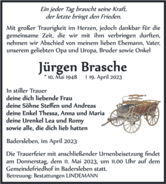 Traueranzeige von Jürgen Brasche von Volksstimme Halberstadt