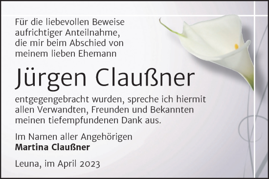 Traueranzeige von Jürgen Claußner von Trauerkombi Merseburg