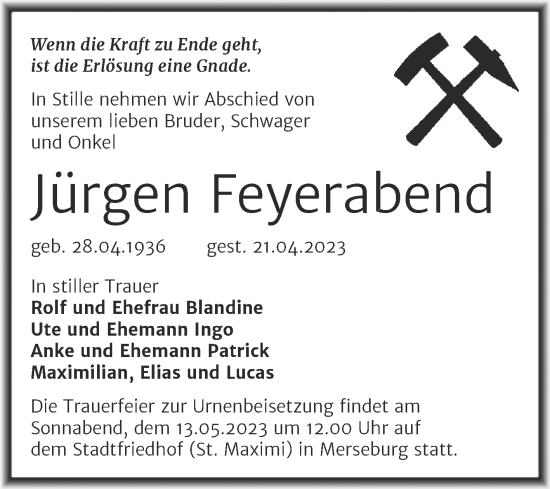 Traueranzeige von Jürgen Feyerabend von Trauerkombi Merseburg