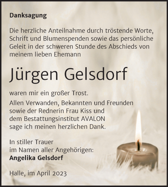 Traueranzeige von Jürgen Gelsdorf von Mitteldeutsche Zeitung Halle/Saalkreis