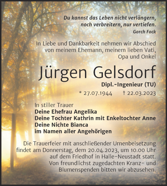 Traueranzeige von Jürgen Gelsdorf von Mitteldeutsche Zeitung Halle/Saalkreis