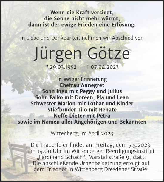 Traueranzeige von Jürgen Götze von Trauerkombi Wittenberg