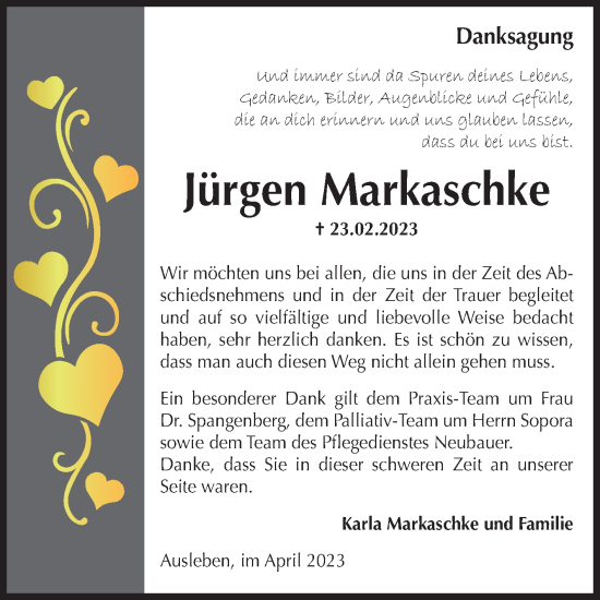 Traueranzeige von Jürgen Markaschke von Volksstimme Oschersleben/Wanzleben