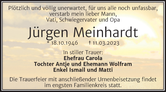 Traueranzeige von Jürgen Meinhardt von Mitteldeutsche Zeitung Halle/Saalkreis